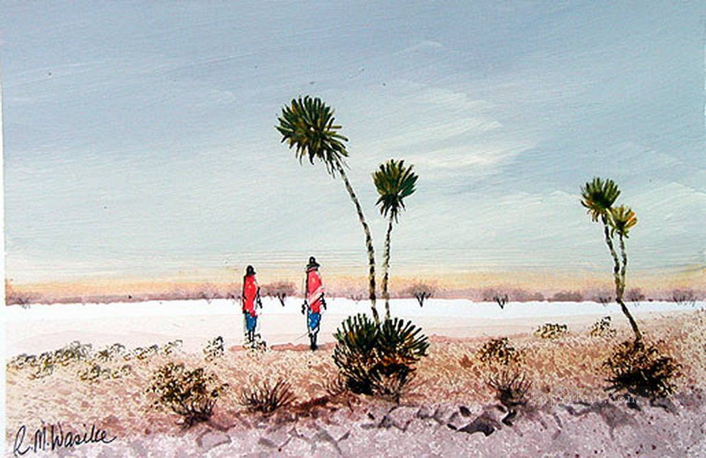 Wasike Two Maasai with Palm Trees from Africa Oil Paintings